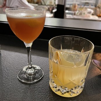 Ember Kitchen - Cocktails, Pink Clover to the left and Clean Slate the the right - Latin American Near Me - Austin, Texas