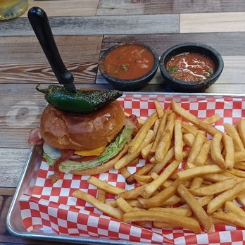 Los Dos Gallos Bar & Grill - Bacon Chili Cheese Hamburger with Crispy Fries - Bars Near Me - Banning, California