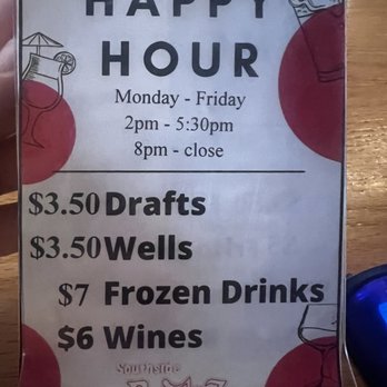 Southside Benderz - Happy hour menu - A printed happy hour menu sign at Southside Benderz in Avon, CO, displaying hours from Monday to Friday, with drink specials including drafts, wells, frozen drinks, and wines. - Burgers Near Me - Avon, Colorado