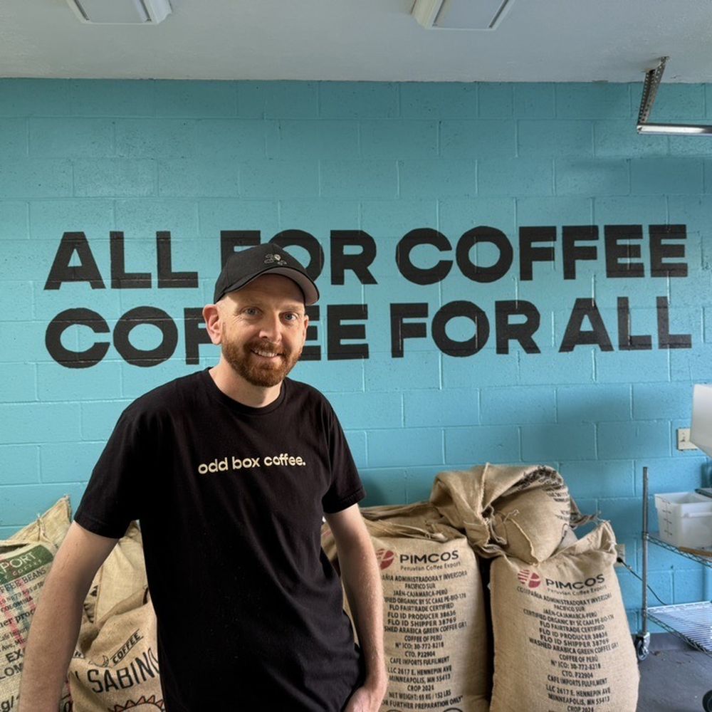 Odd Box Coffee Roasters - Tom and his slogan - Coffee Roasteries Near Me - Santa Fe, New Mexico Odd Box Coffee Roasters - Tom and his slogan - Coffee Roasteries Near Me - Santa Fe, New Mexico