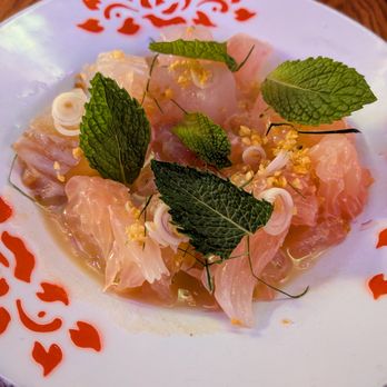Talat Market - Snapper Sangwa. $18. Pomelo, mint, Raj oil, fried garlic. - Thai Near Me - Atlanta, Georgia Talat Market - Snapper Sangwa. $18. Pomelo, mint, Raj oil, fried garlic. - Thai Near Me - Atlanta, Georgia