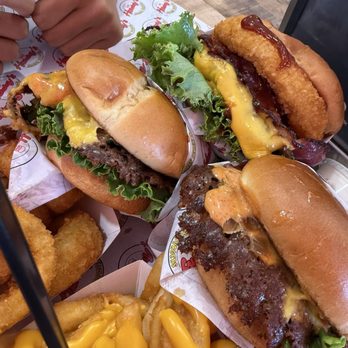 Hammys Smash Burgers - Onion rings!! Cheese fries, #1, single with the works and #8 bbq bacon with works. - Burgers Near Me - Anaheim, California Hammys Smash Burgers - Onion rings!! Cheese fries, #1, single with the works and #8 bbq bacon with works. - Burgers Near Me - Anaheim, California