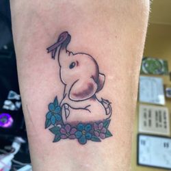 Masterpiece Tattoo Studio - Forget-me-not elephant. Alzheimer's awareness.