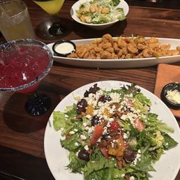 Strawberry & Pecan Salad, Wild West Shrimp, Mango Margarita & Patr-n Dragon Fruit Margarita
