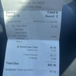 Thai Garden Cafe - $35 for 2 small crappy bowls of soup.
