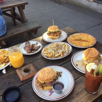 Pine State Biscuits - BBQ Biscuit French fries gravy, Reggie Deluxe French Fries cheese, The Mcisley, A side of brisket, Hash brown, orange juice and Bloody Mary - Breakfast & Brunch Near Me - Portland, Oregon Pine State Biscuits - BBQ Biscuit French fries gravy, Reggie Deluxe French Fries cheese, The Mcisley, A side of brisket, Hash brown, orange juice and Bloody Mary - Breakfast & Brunch Near Me - Portland, Oregon