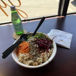 The Gathering Table - Buddha bowl with a side of Gouda eaten in house.  Yum!!