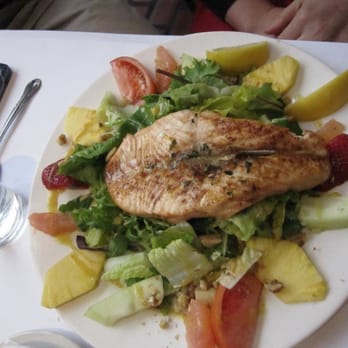 Greenhouse Cafe - Salmon with the beautiful fruit salad - New American Near Me - Brooklyn, New York