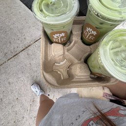 Two Coconut matcha lattes and guava matcha latte all made with oatmilk Two Coconut matcha lattes and guava matcha latte all made with oatmilk