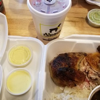 Alpaca Chicken - Half chicken, Murados, white rice and black beans, yellow sauce and Chi Cha - Peruvian Near Me - Raleigh, North Carolina