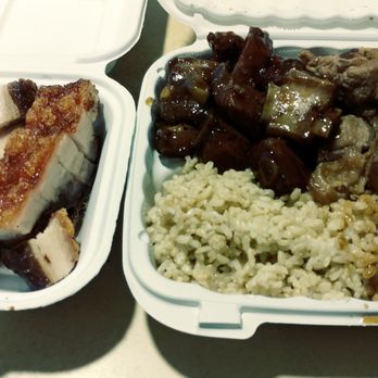 Uwajimaya - Roast pork order and Lucky combo meal of Honey garlic ribs and pork adobo with brown rice. - International Grocery Near Me - Bellevue, Washington