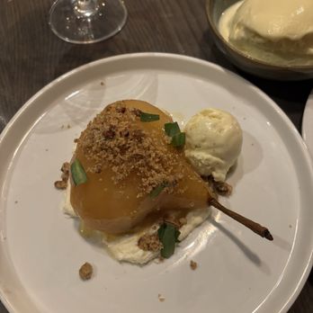 The Shore - White chocolate poached pear with Rockfort (blue cheese) icecream. Now this pairing worked Very well! - Bars Near Me - Reno, Nevada The Shore - White chocolate poached pear with Rockfort (blue cheese) icecream. Now this pairing worked Very well! - Bars Near Me - Reno, Nevada