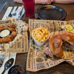 Eloté bites, pork butt sandwich and Mac 'n cheese.