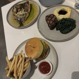 Beef burger, tenderloin, and rainbow trout Beef burger, tenderloin, and rainbow trout