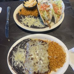 Beef enchilada platter and fish tacos. Beef enchilada platter and fish tacos.