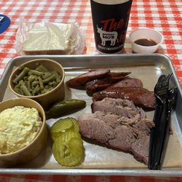 Brisket (point), jalapeno sausage, potato salad and green beans. Brisket (point), jalapeno sausage, potato salad and green beans.