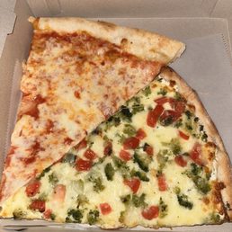 Two slices one plain other w veggies Two slices one plain other w veggies