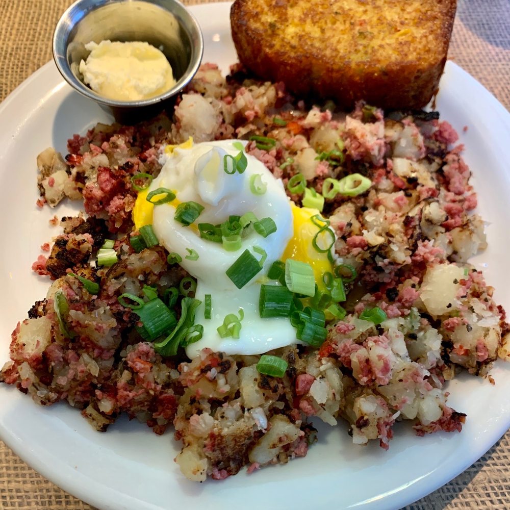 Crossroads Cafe - Homemade Corned Beef Hash with Cornbread and Poached eggs - Cafes Near Me - Joshua Tree, California Crossroads Cafe - Homemade Corned Beef Hash with Cornbread and Poached eggs - Cafes Near Me - Joshua Tree, California