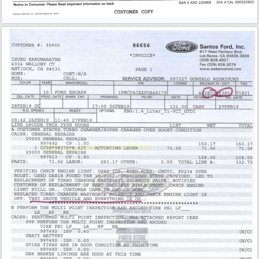 Documentation Santos ford did not test drive vehicle. The miles going out of service match miles going into service. Documentation Santos ford did not test drive vehicle. The miles going out of service match miles going into service.