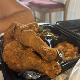 Fried chicken with yams and collared greens. 10$. Cannot go wrong Fried chicken with yams and collared greens. 10$. Cannot go wrong