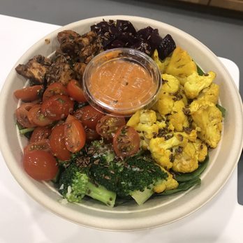 Seedbol Kitchen - Fresh broccoli, cauliflower, tomatoes beets and chicken (my husband's) surround spicy yummy sauce. - Gluten-Free Near Me - Rehoboth Beach, Delaware