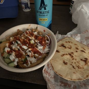 Sila's Mediterranean Restaurant - (Create Your Own Bowl) Spicy Rice, Potatoes, Sila's Chicken, Cucumbers, Onions, Chickpeas, Spicy Sauce, Garlic Sauce - Mediterranean Near Me - Chicago, Illinois