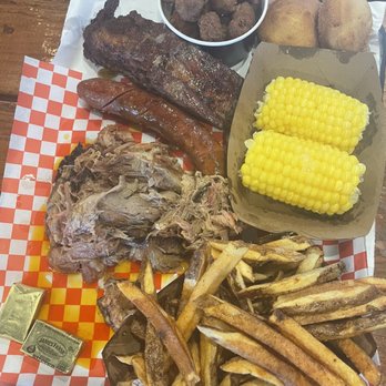 Big B's Texas BBQ - 2 meat platter cheddar sausage pulled pork added with Beef Ribs. Side of Corn on the Cob, Corn Bread, Fried Okra, and French Fries - Barbeque Near Me - Henderson, Nevada Big B's Texas BBQ - 2 meat platter cheddar sausage pulled pork added with Beef Ribs. Side of Corn on the Cob, Corn Bread, Fried Okra, and French Fries - Barbeque Near Me - Henderson, Nevada