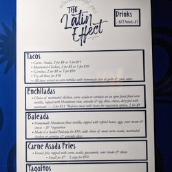 The Latin Effect - Menu. Tacos, enchiladas, baleadas, carne asada fries, taquitos.