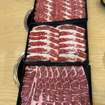 Mumu Hot Pot - Top to bottom: Australia M9 Wagyu Beef Chuckeye, Wagyu Beef toro, Prime Black Angus Beef Short Ribs Boneless - Hot Pot Near Me - San Francisco, California