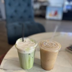 Press & Porter - Matcha with strawberry cold foam & iced vanilla latte