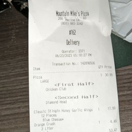 Receipt $17.99 for burned wings