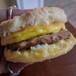 Yummy sausage egg and cheese biscuit
