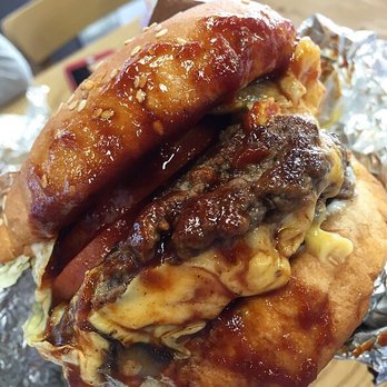 Five Guys - A little too sloppy for me. Double bacon cheeseburger with grilled onions and mushrooms, plus lettuce and tomato and bbq sauce. - Burgers Near Me - Lakewood, California