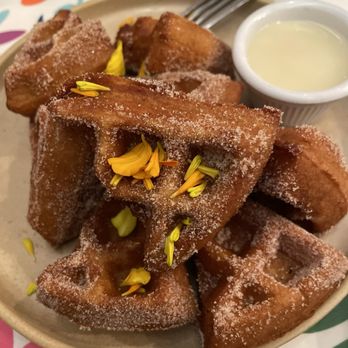 XICA - Churro waffle dessert with condensed milk dipping sauce - Mexican Near Me - San Francisco, California