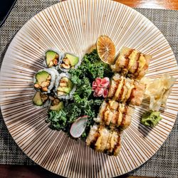 Osushi - Ardmore - Shrimp Tabasco Roll: Shrimp Avocado Roll Inside Topped With Tempura Shrimp In Chef's Special Tabasco Mayo & Eel Sauce. Peanut/Avocado Roll.