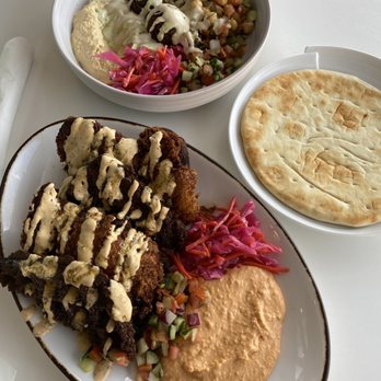 Nosh - Chicken and Fawaffle Falafel bowl w/ pita - Mediterranean Near Me - Park City, Utah Nosh - Chicken and Fawaffle Falafel bowl w/ pita - Mediterranean Near Me - Park City, Utah