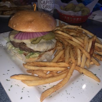 Capitol Grill - Capitol Burger with fries and Fried Pickles - New American Near Me - Jackson, Mississippi