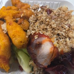 Fried rice, prawns and BBQ pork.