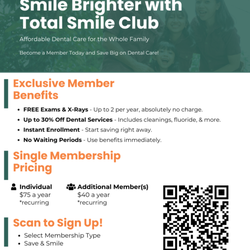 Family Smiles of Sulphur Springs - No Insurance? No Problem! Check out our in-house plan: Total Smile Club 
Visit the website to sign up or sign up with us in-office!