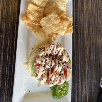 Luke's On Front - Poke Bowl (more like a beautiful poke plate) & garlic truffle fries. Both are delicious. - New American Near Me - Temecula, California