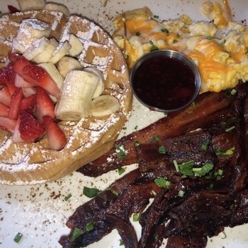 First Watch Matthews - Belgian Waffle, scrambled eggs w/ cheese and Million Dollar Bacon - Breakfast & Brunch Near Me - Matthews, North Carolina