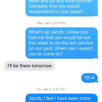 Wildwood Landscapes - Text message thread that shows Jacob from Wildwood Landscapes in completely unprofessional and crooked. - Tree Services Near Me - Yucaipa, California