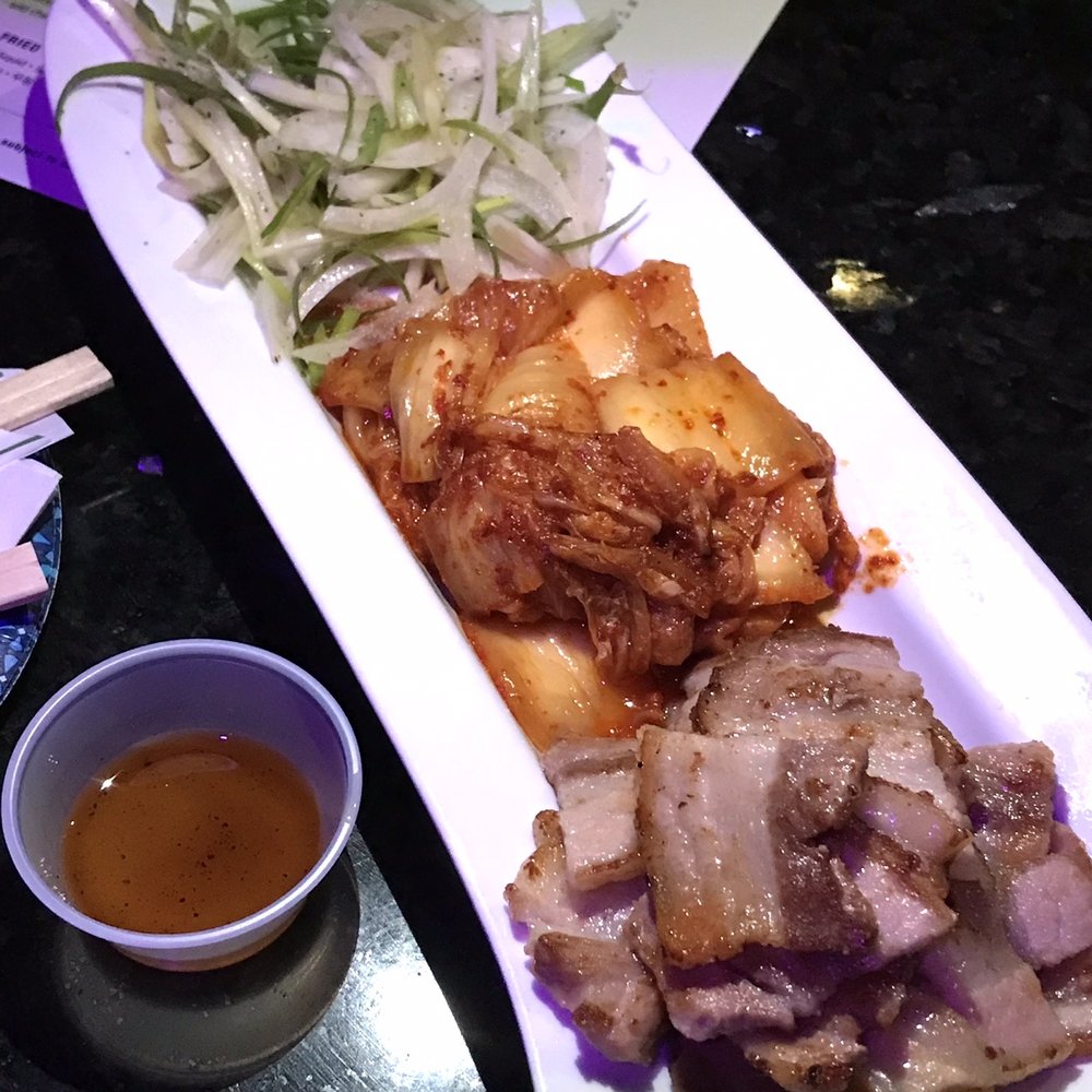 Soju Bang - Samgyeopsal (grilled pork belly) w kimchi and pa muchim (shredded green onion) - Bars Near Me - Honolulu, Hawaii Soju Bang - Samgyeopsal (grilled pork belly) w kimchi and pa muchim (shredded green onion) - Bars Near Me - Honolulu, Hawaii