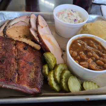 Whatcha Smokin' BBQ & Brew - 3 Meat Ribs, Pork Loin and Turkey Breast/Beans, Slaw, and Cornbread - Barbeque Near Me - Luther, Iowa