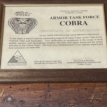 Slash X Ranch Cafe - Certificate of appreciation - American Near Me - Barstow, California