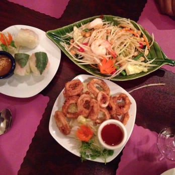 Thai Basil - fresh summer roll - mostly iceberg lettuce) fried calamari - good but small portion papaya salad - very good but only 2 grilled shrimp - Thai Near Me - Ithaca, New York Thai Basil - fresh summer roll - mostly iceberg lettuce) fried calamari - good but small portion papaya salad - very good but only 2 grilled shrimp - Thai Near Me - Ithaca, New York