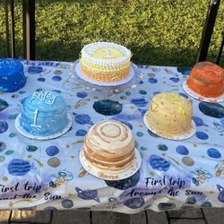 Cake Creators - Sun and planets for our twins 1st birthday! Each cake was a different flavor and different flavored frosting.