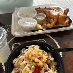Off The Hook - Island Rice Bowl with Jamaican Jerk Shrimp and the fish fry.