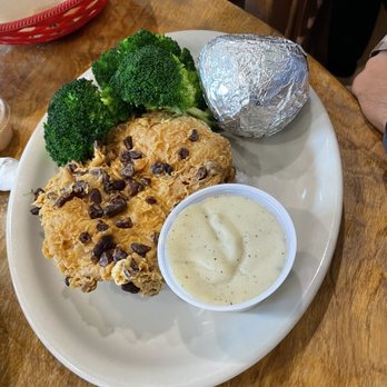 Hermann Sons Steakhouse - Peacan crusted chicken fried chicken, baked potato, broccoli - Steakhouses Near Me - Hondo, Texas