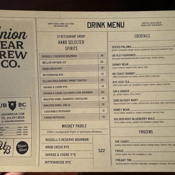 Union Bear Brewing Company - Front of Bar Menu - American Near Me - Plano, Texas Union Bear Brewing Company - Front of Bar Menu - American Near Me - Plano, Texas